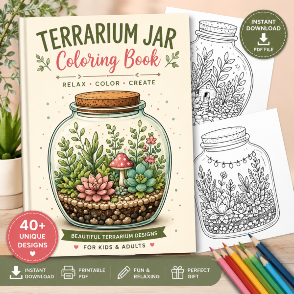 Terrarium Jar Coloring Book Printable PDF | Digital Download for Kids & Adults