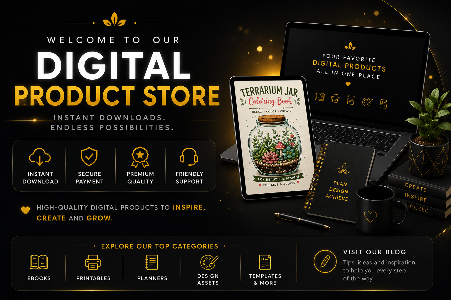 Modern digital product store blog banner featuring instant downloads, eBooks, printables, planners, templates, and design assets on a premium black and gold background.
