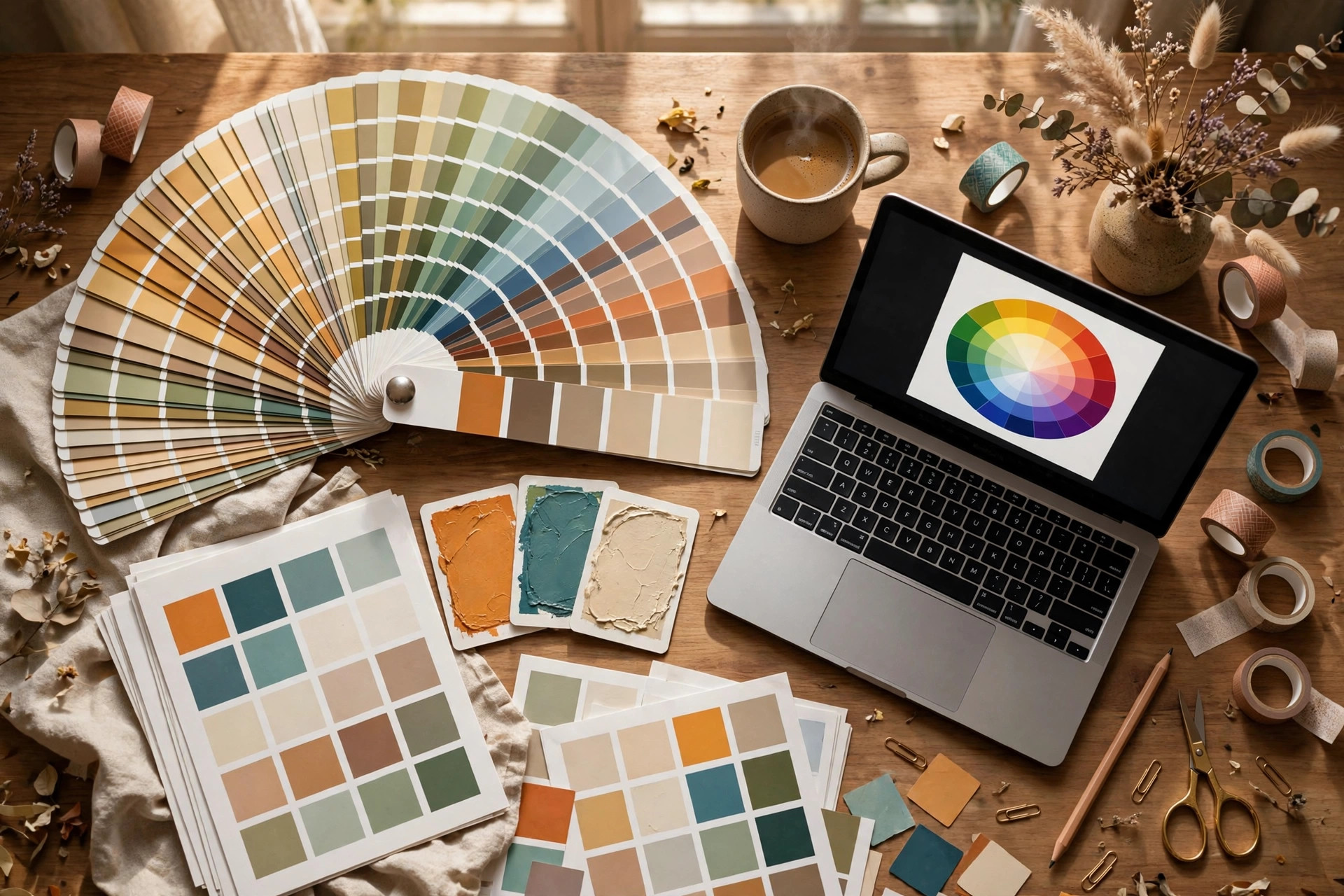 brand kit essentials: colour swatches, brand guideline sheets, and design tools on a styled desk