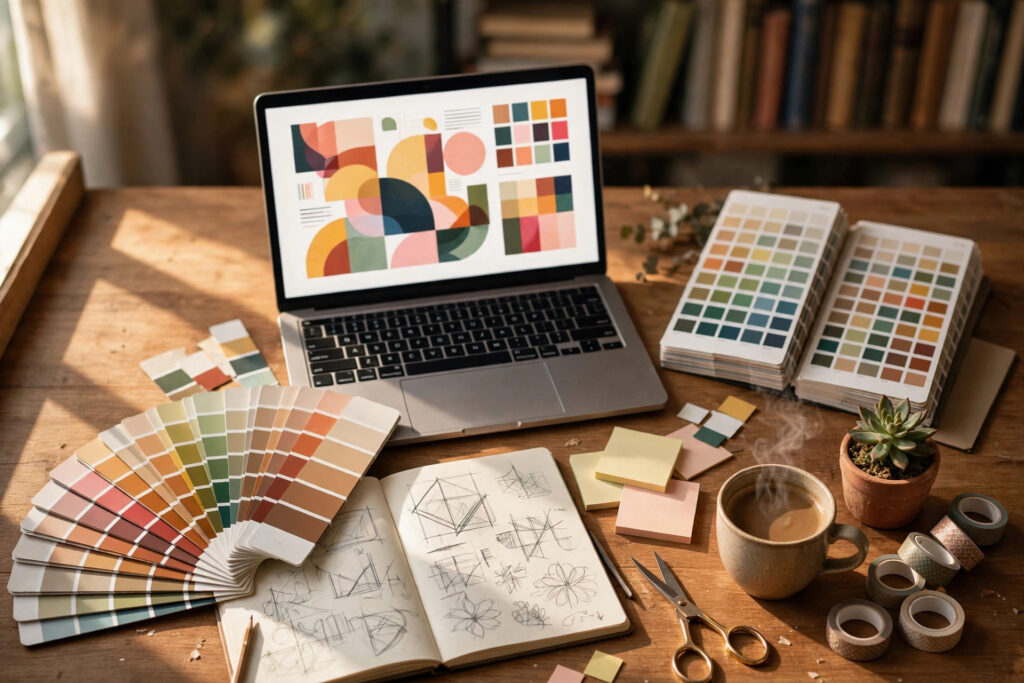 Canva hacks for beginners — design workspace flat-lay with laptop and keyboard