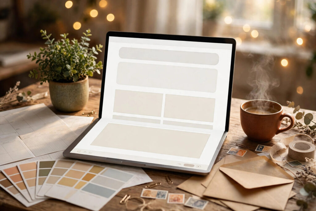 Email list for digital products setup: laptop with newsletter layout surrounded by planner pages, envelopes and a coffee cup
