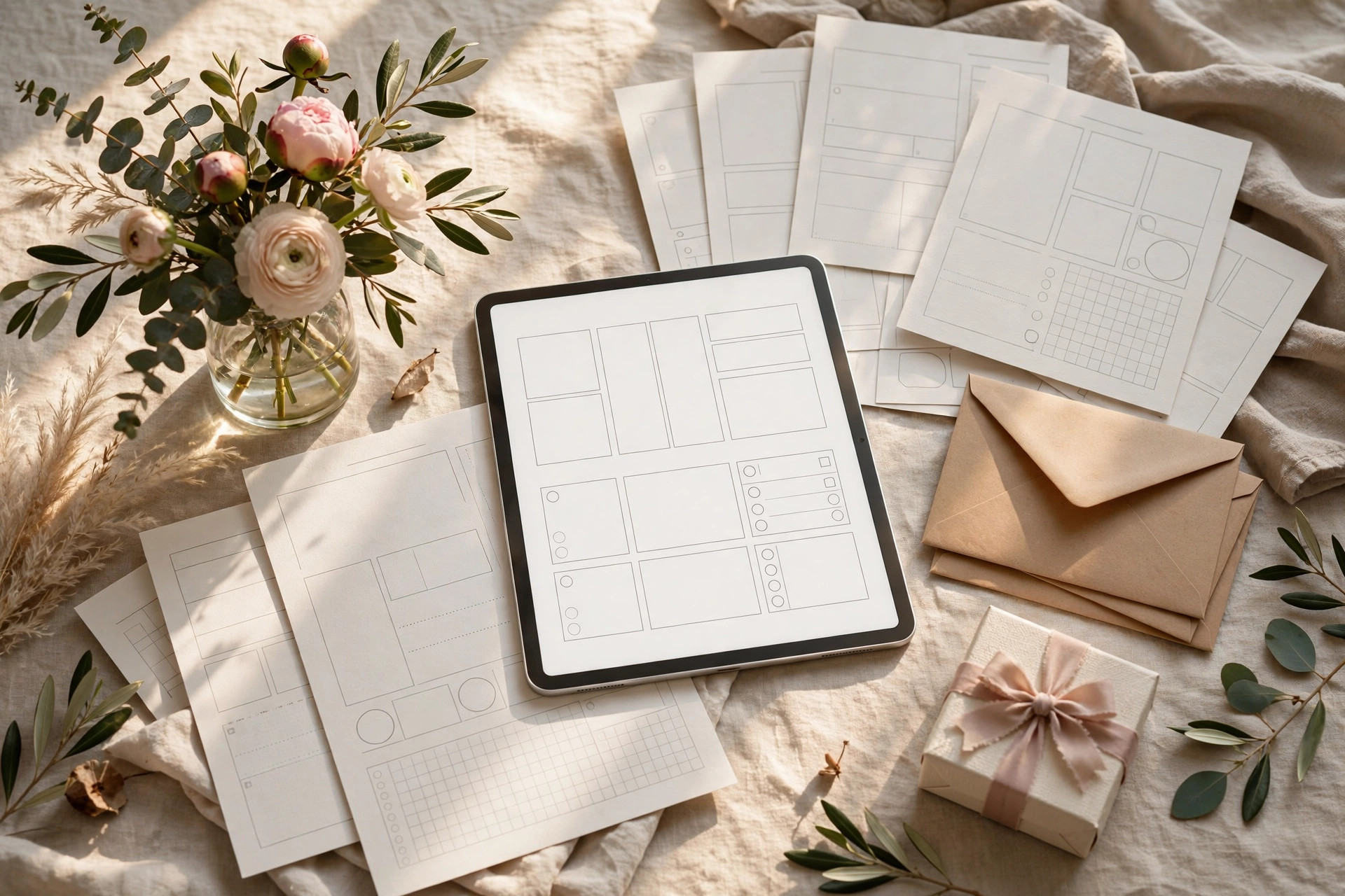 Free planner sample lead magnet on tablet with gift box and flowers — email list for digital products strategy
