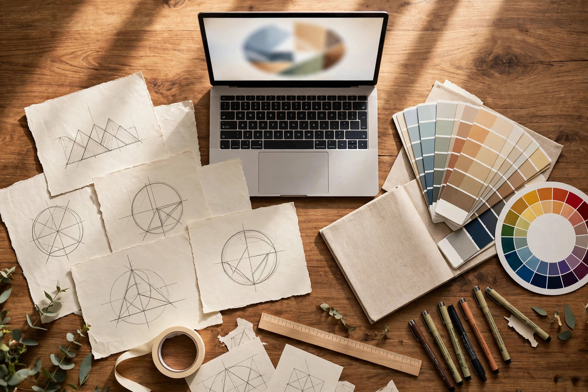 Designer workspace for logo design in Canva with sketches and colour palettes