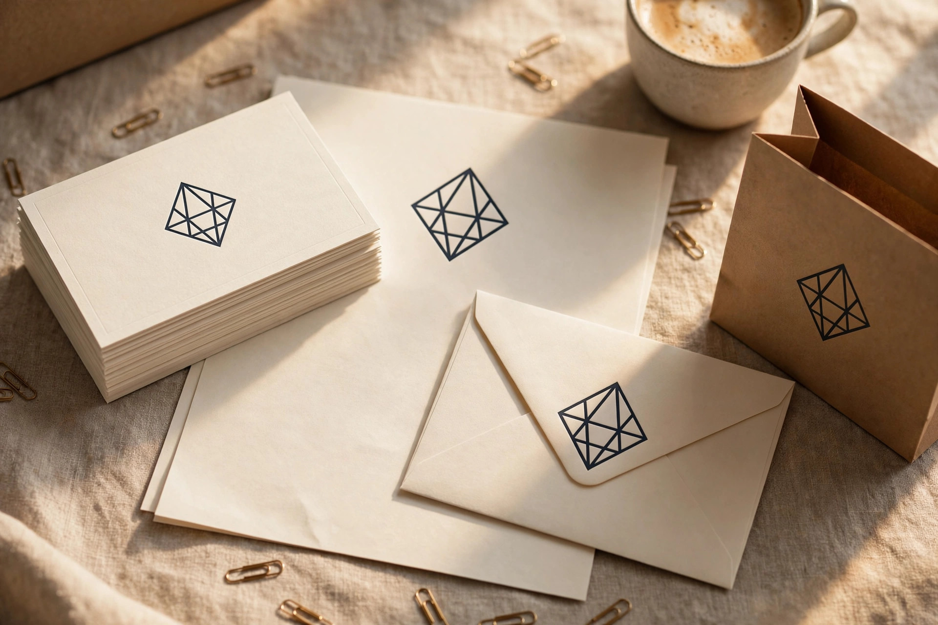 Logo design in Canva applied to business card and stationery mockups