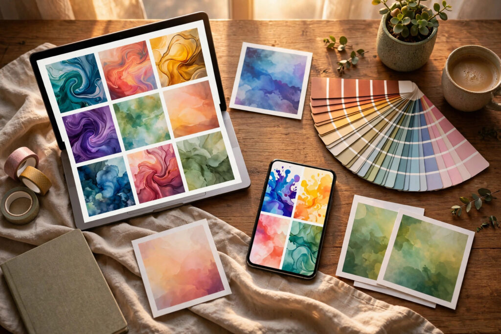 Social media template bundles on a styled designer workspace with laptop, phone and printed post cards