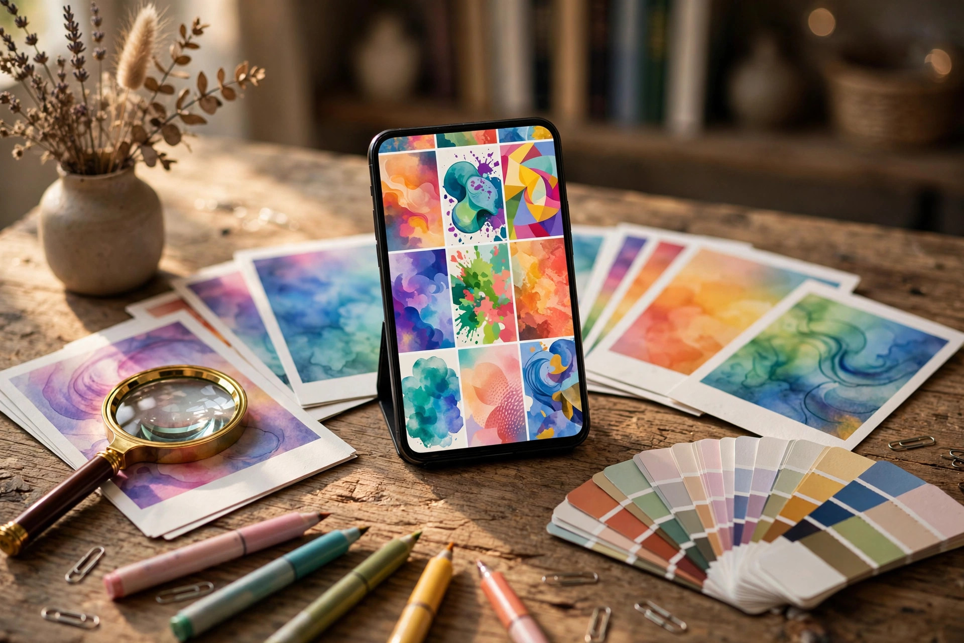 Evaluating social media template bundles: smartphone showing a template feed with magnifying glass and colour swatches