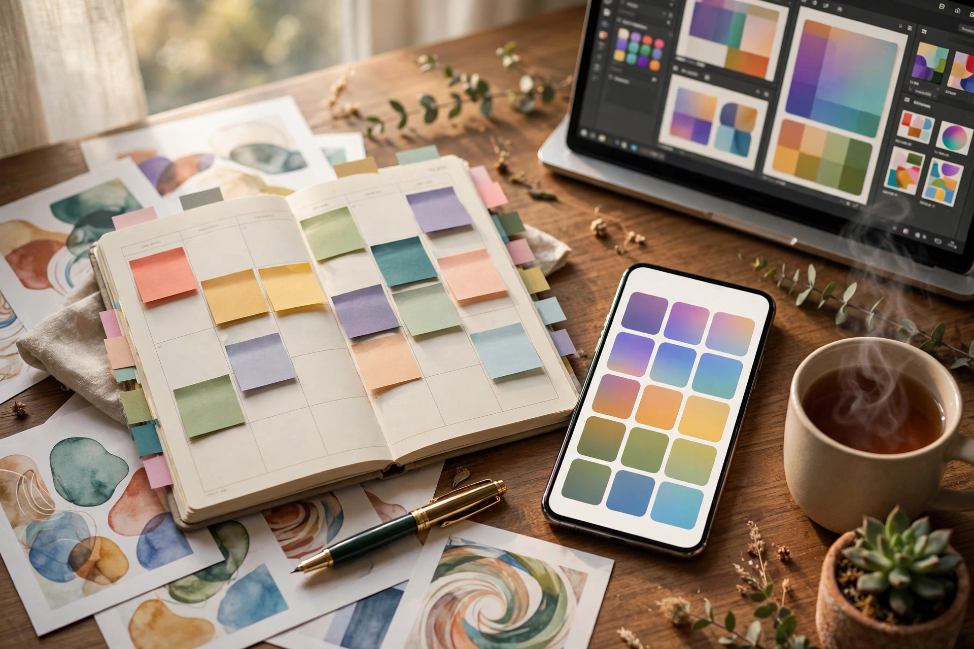 Batching a week of social media content from template bundles with a weekly planner and scheduling phone
