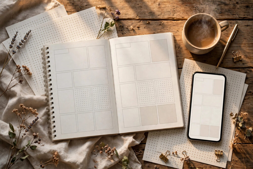 Printable planner flat-lay showing how to sell your designs online