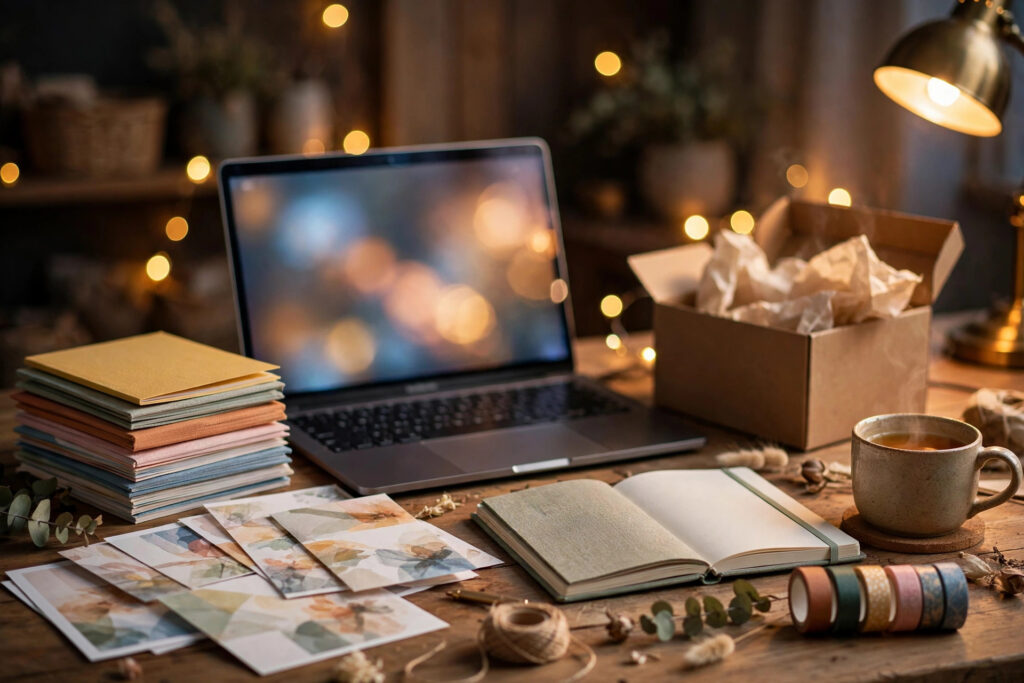 Laptop online-shop scene showing how to sell your designs online