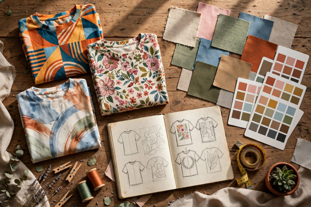Designer workspace flat-lay for starting a print on demand business with no money — folded printed t-shirts, fabric swatches and sketches on a wooden desk
