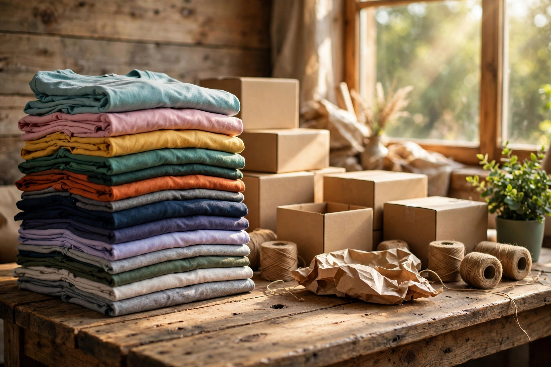 Stack of folded custom printed t-shirts and kraft packaging boxes in a print on demand business with no money fulfilment corner