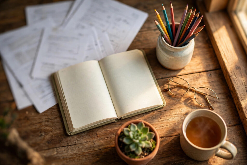 Printable worksheets for teachers arranged on a warm classroom desk