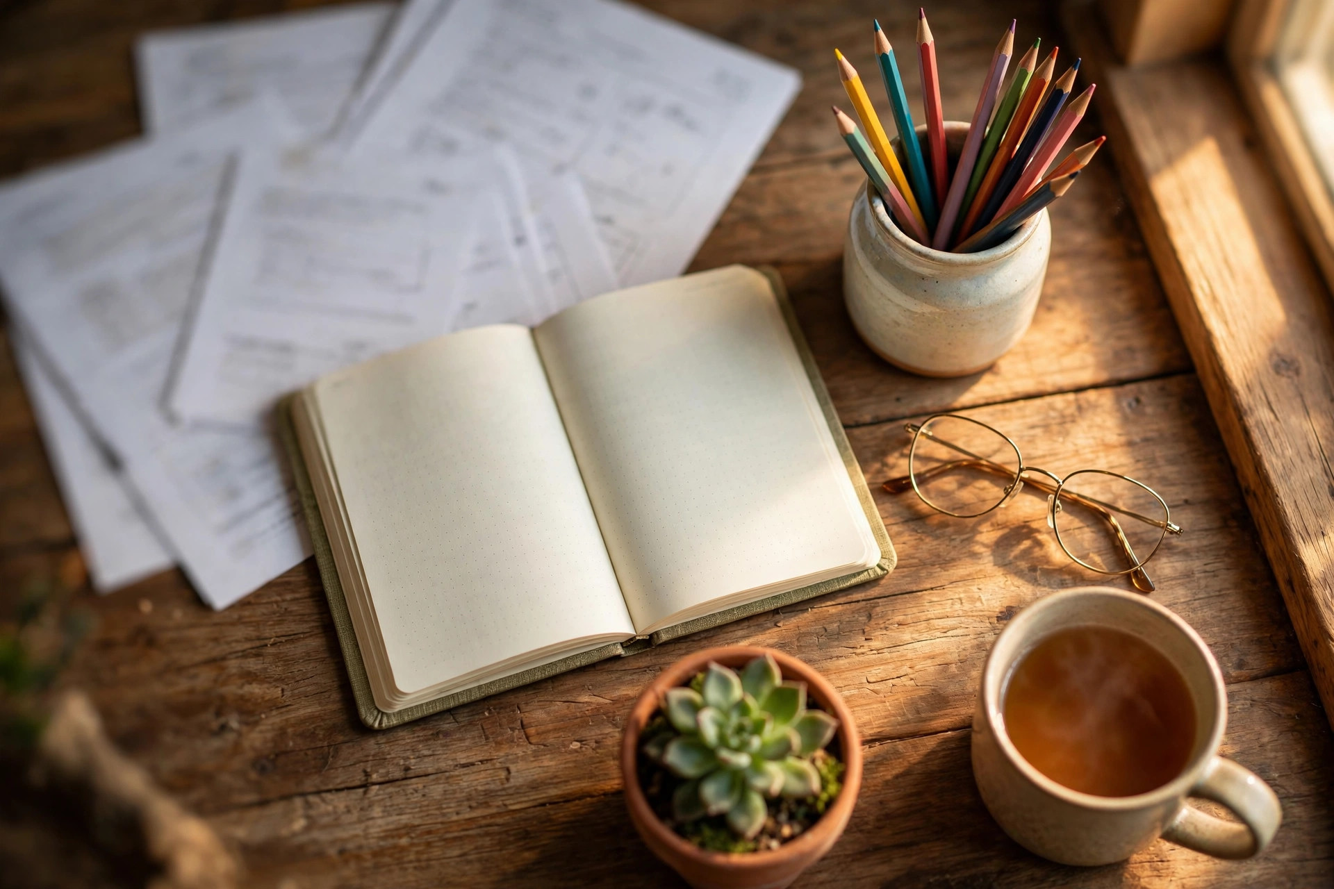 Printable worksheets for teachers arranged on a warm classroom desk