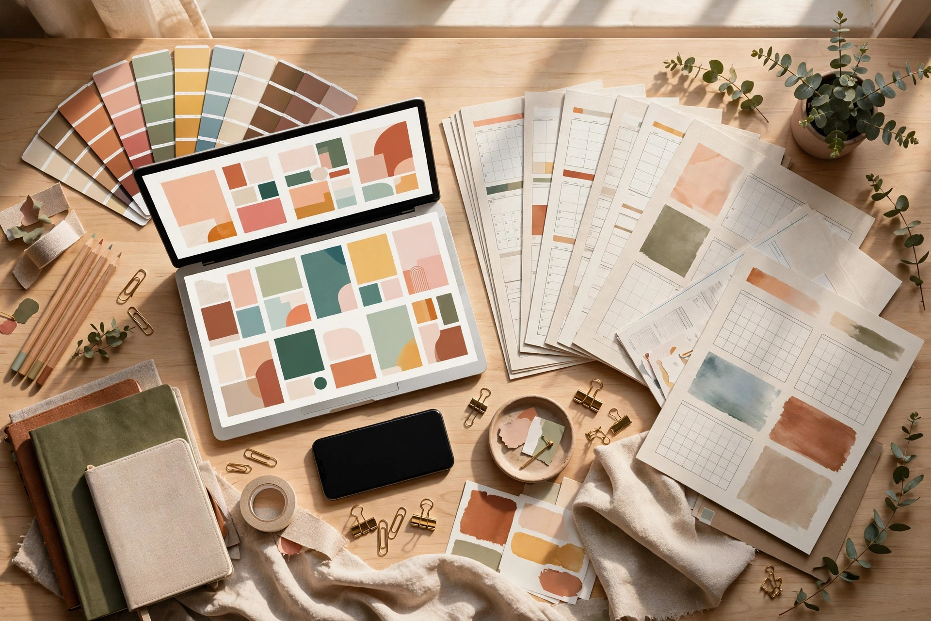 Digital product bundles displayed on a styled designer workspace — flat-lay of templates and planner pages