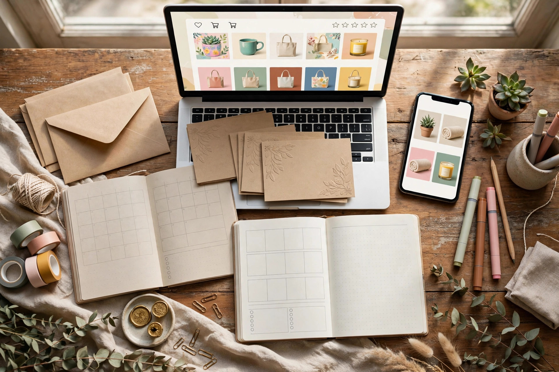 Promoting digital product bundles — laptop with an online shop and marketing materials on a styled desk