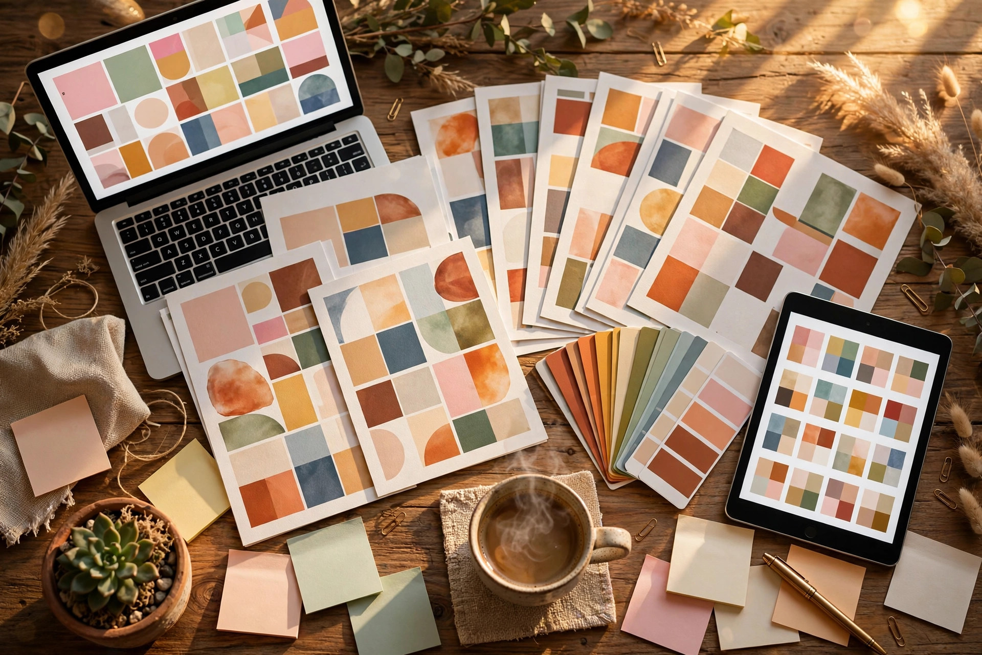 Flat-lay of a designer desk for a 7-day plan to launch a digital product