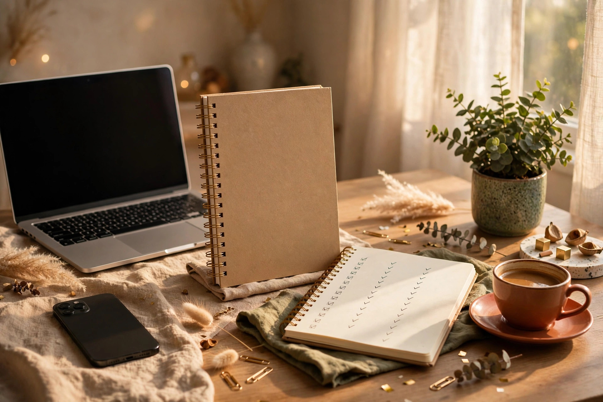 Launch-day desk setup with planner mockup to launch a digital product