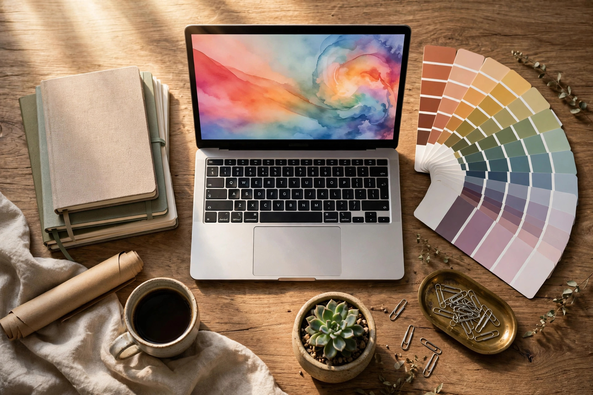 Overhead flat-lay of an organised creative desk to organise digital files efficiently