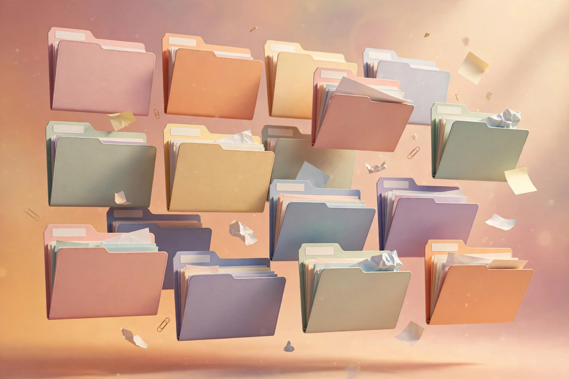 Neatly arranged digital folders on a desk to organise digital files into a three-level folder tree