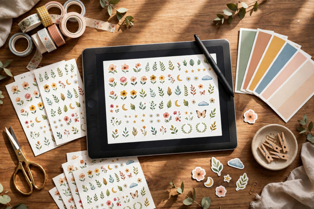 Digital stickers flat lay — tablet with sticker designs, die-cut sticker sheets and design tools on a wooden desk