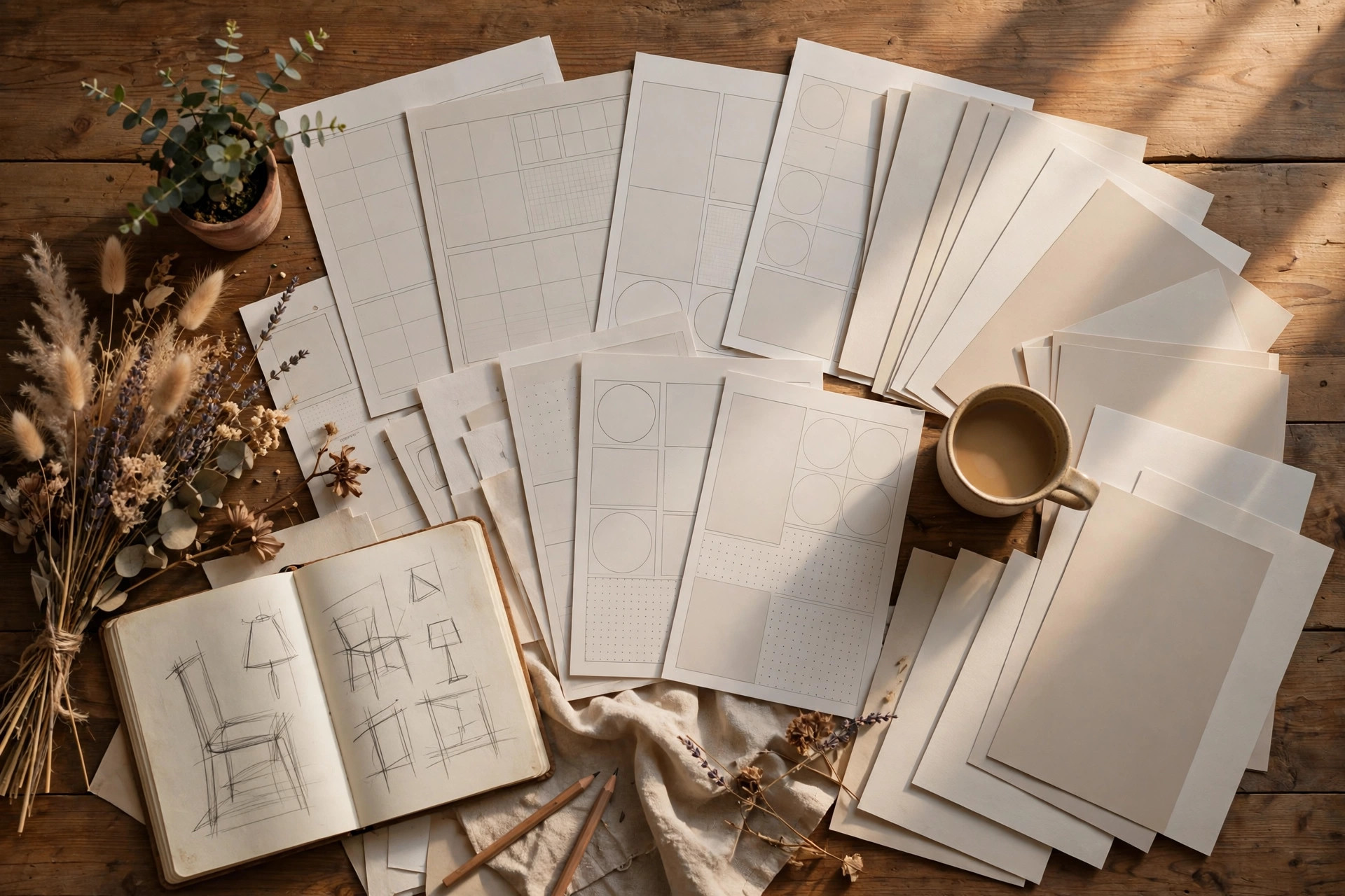 Designer workspace with planner mockups for choosing a profitable niche for digital products
