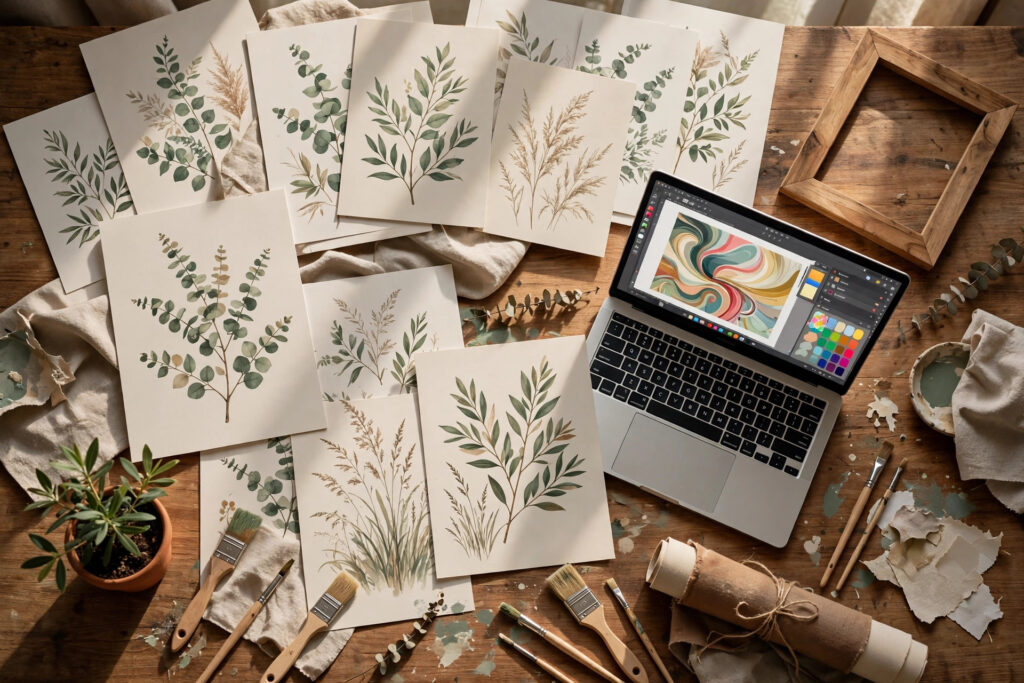 Printable wall art prints laid out on a designer's desk with frames and art supplies