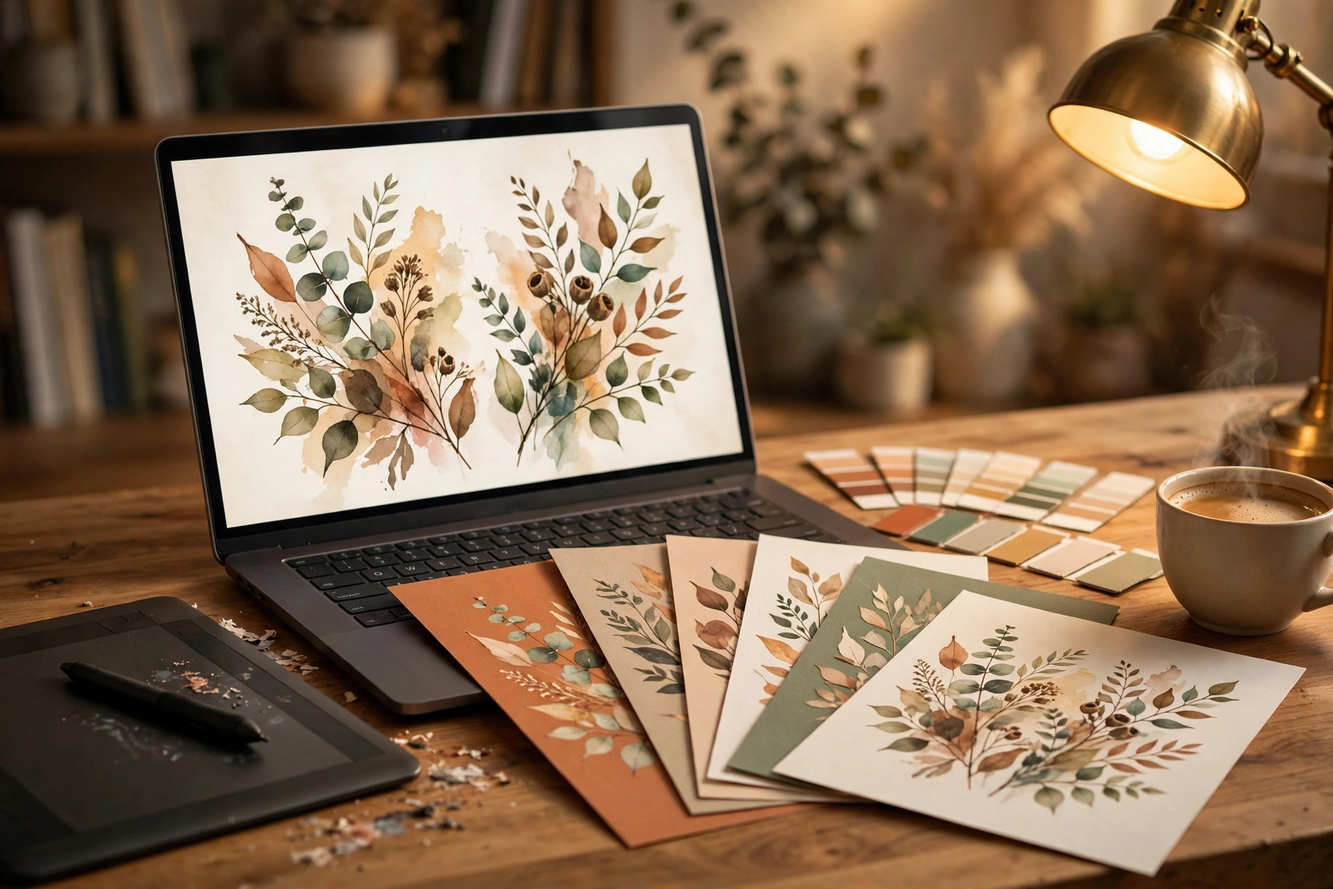 Designer creating printable wall art designs on a graphics tablet at a warm-lit desk