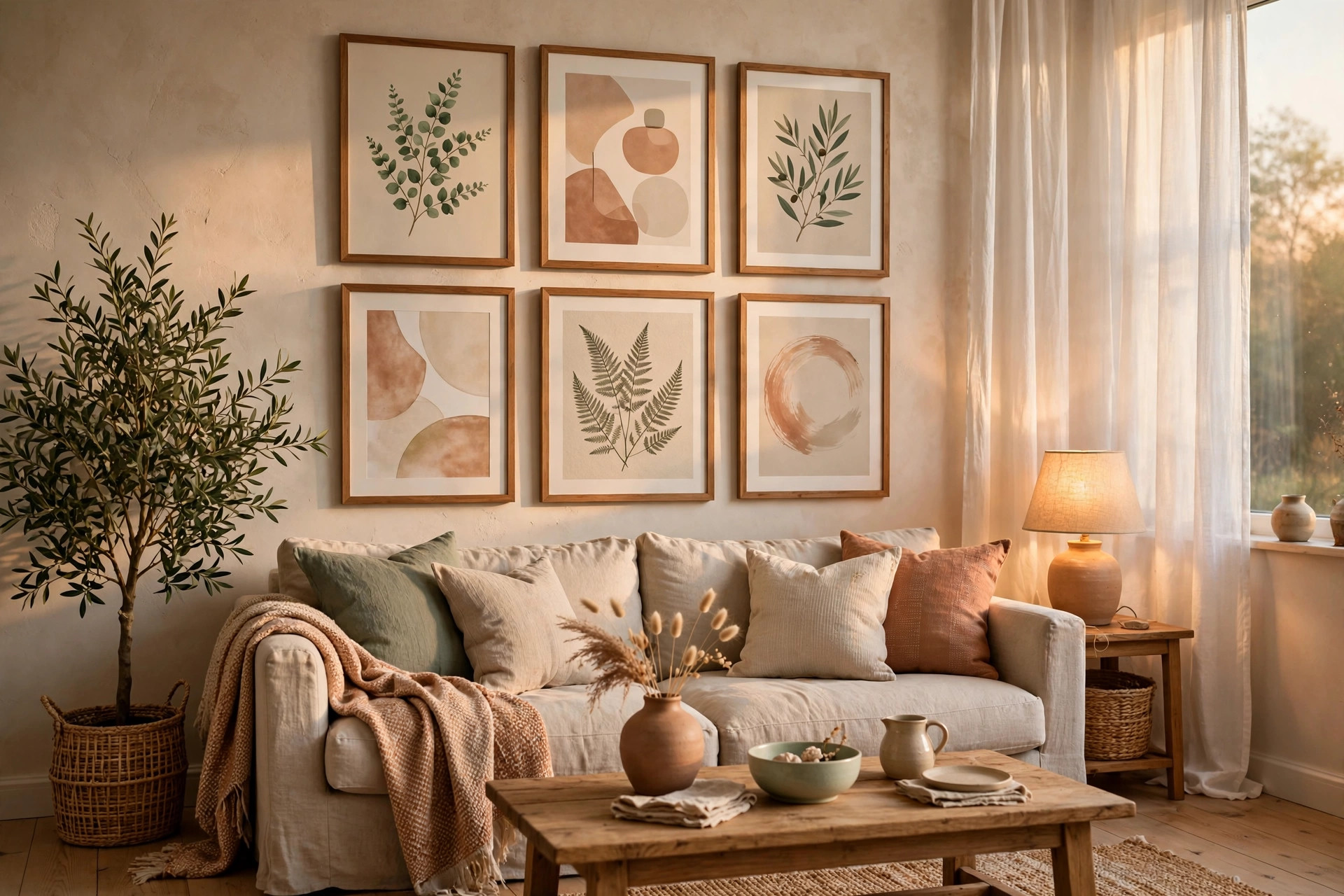 Framed printable wall art prints on a gallery wall in a styled living room