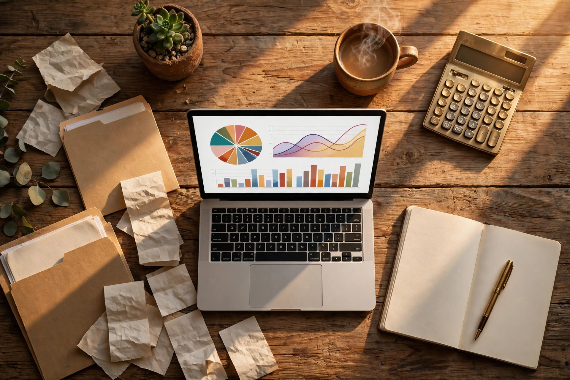Warm flat-lay of a digital seller's desk with laptop showing sales charts, calculator, receipts and coffee — digital downloads taxes