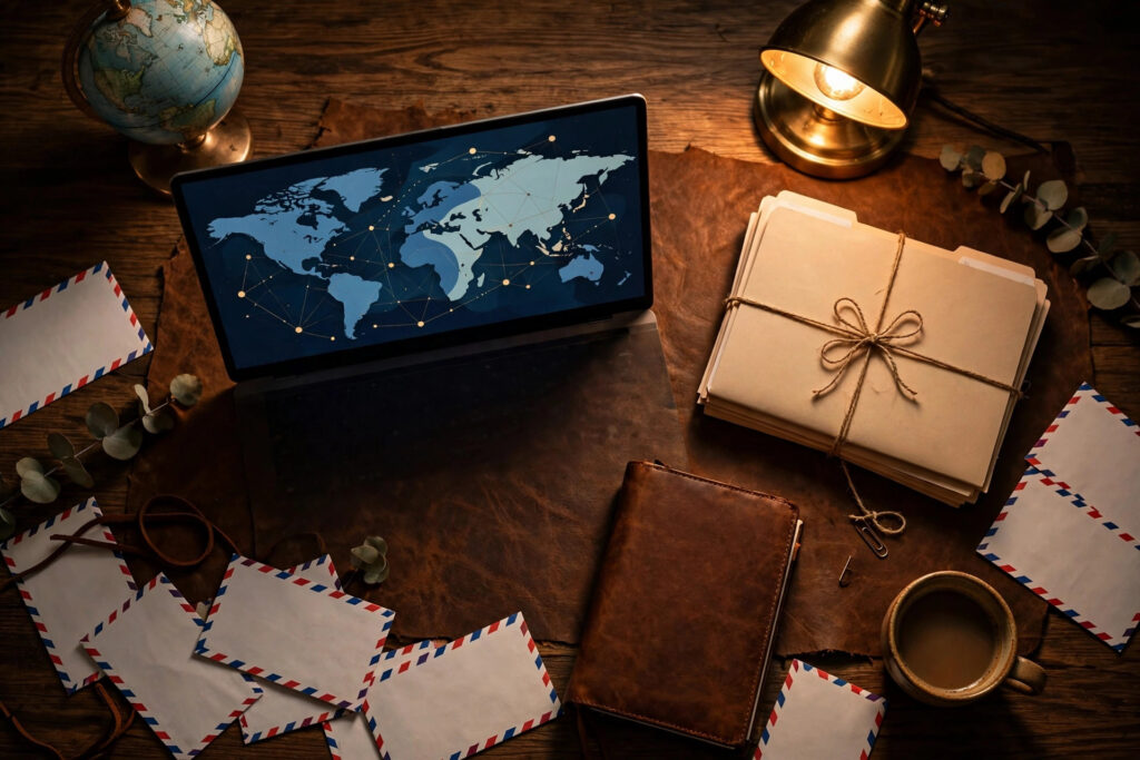 Globe and business folders on a desk for selling digital downloads internationally — digital downloads taxes VAT rules