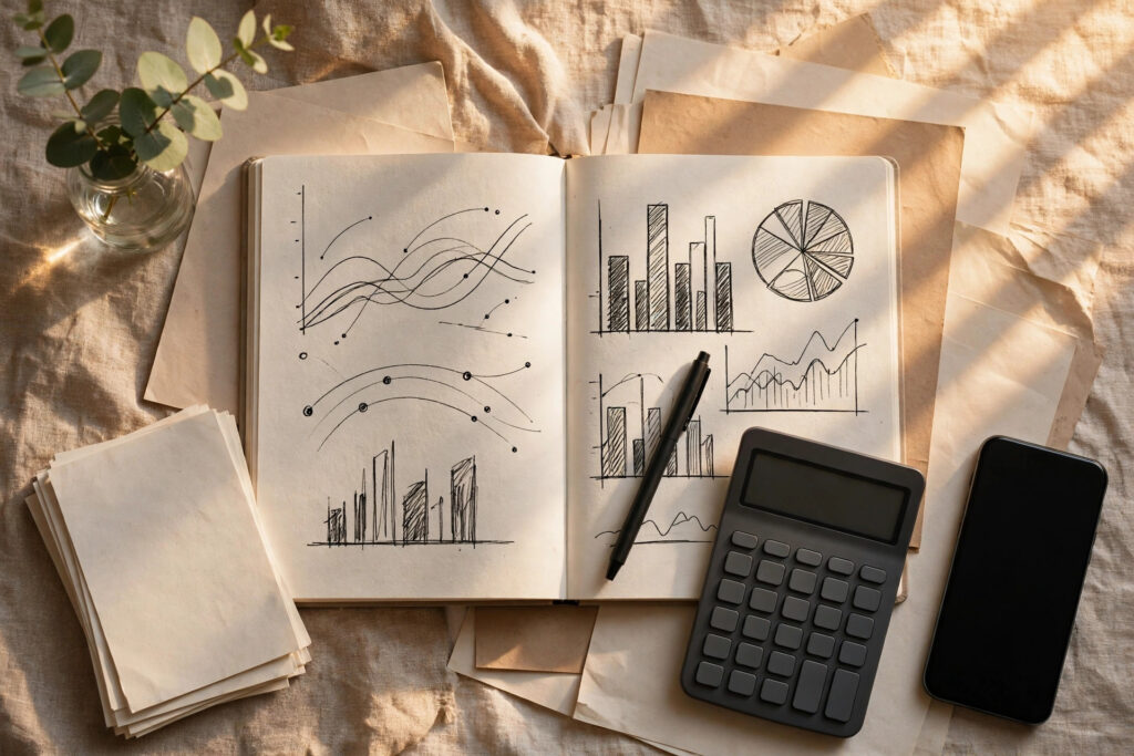 Bookkeeping workspace with notebook, calculator and invoices — tracking income for digital downloads taxes