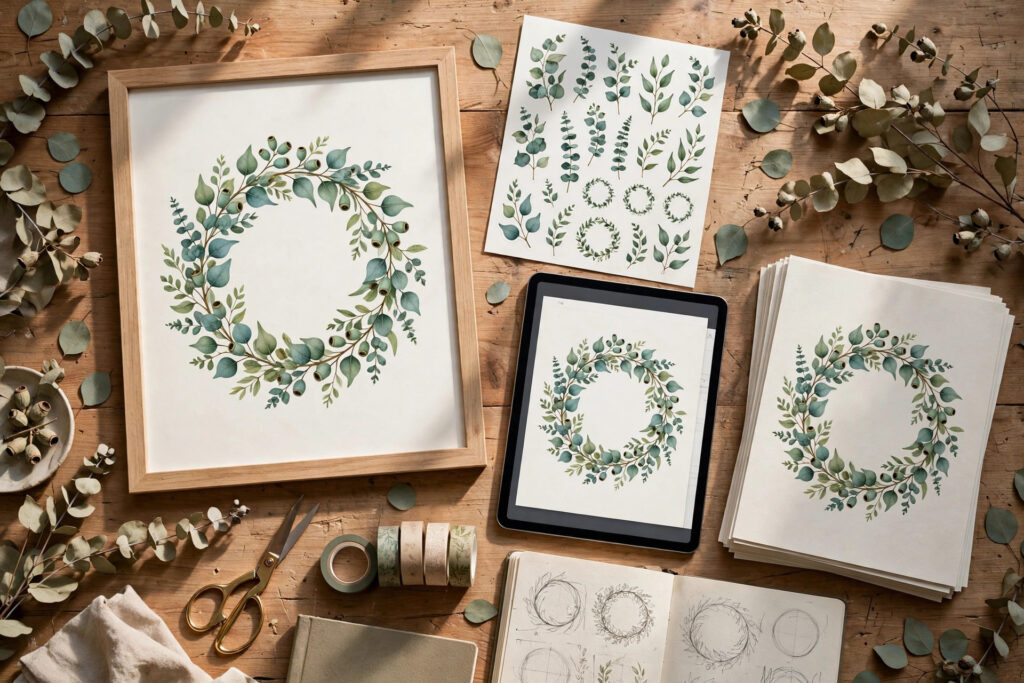 How to turn one design into digital products — botanical wall art, stickers and planner covers on a designer workspace