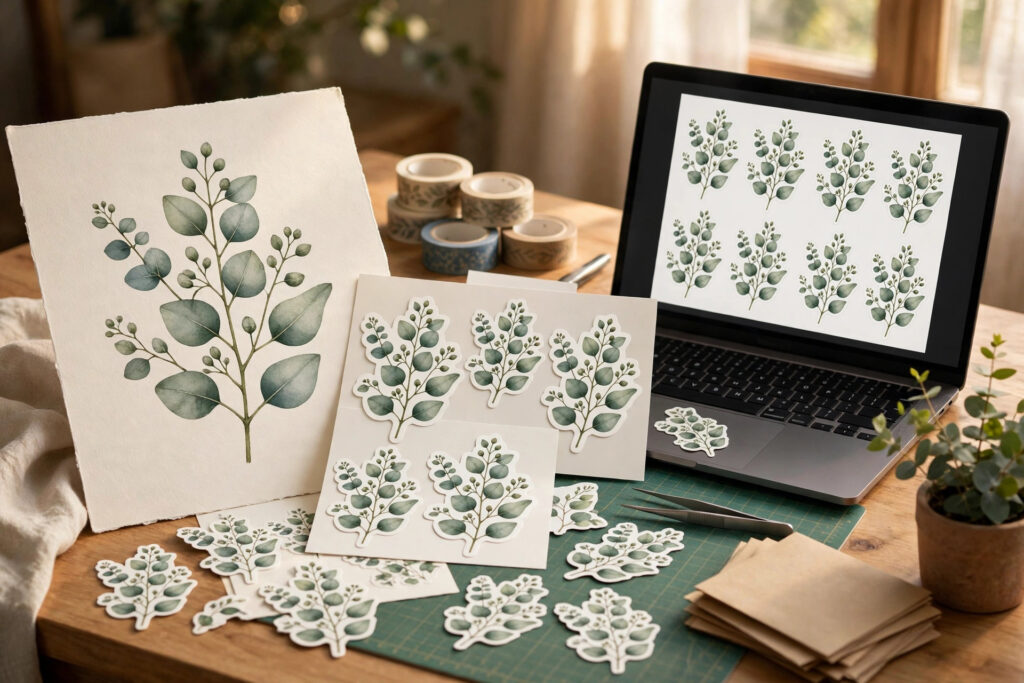 One botanical illustration turned into printable stickers and wall art — repurposing one design into multiple digital products
