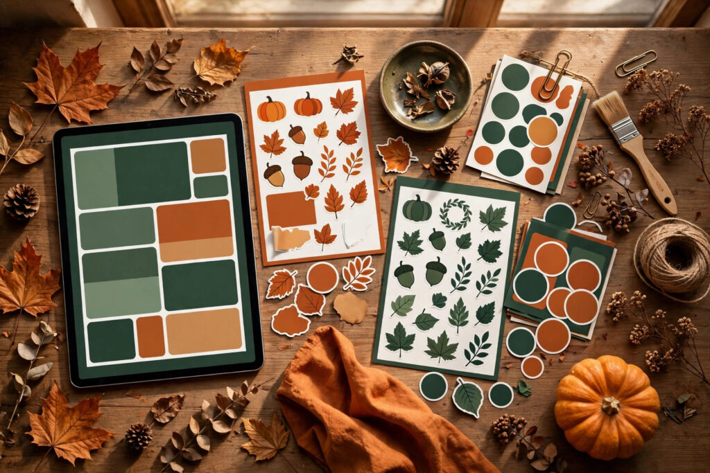 Seasonal design trends: autumn planner mockups and sticker sheets on a warm designer desk