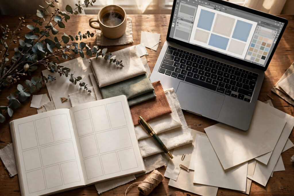 Designer workspace flat-lay showing how to protect digital products from piracy — planner mockup with warm styled props