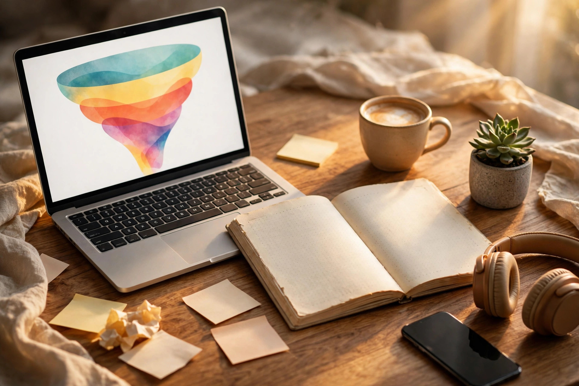 Designer workspace flat-lay with laptop showing a sales funnel for a digital product shop