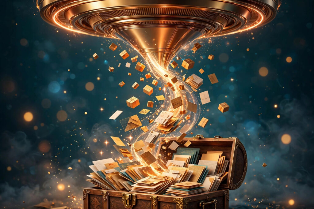 Abstract glowing funnel of digital products flowing down into a treasure chest