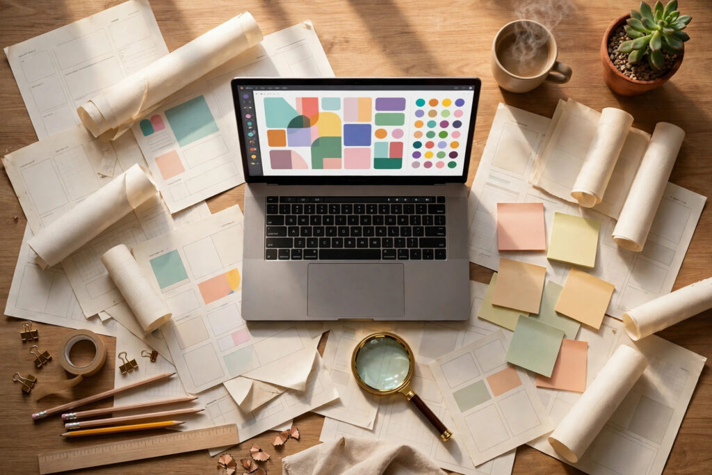 Designer workspace flat-lay with planner mockups and color swatches to validate a digital product idea