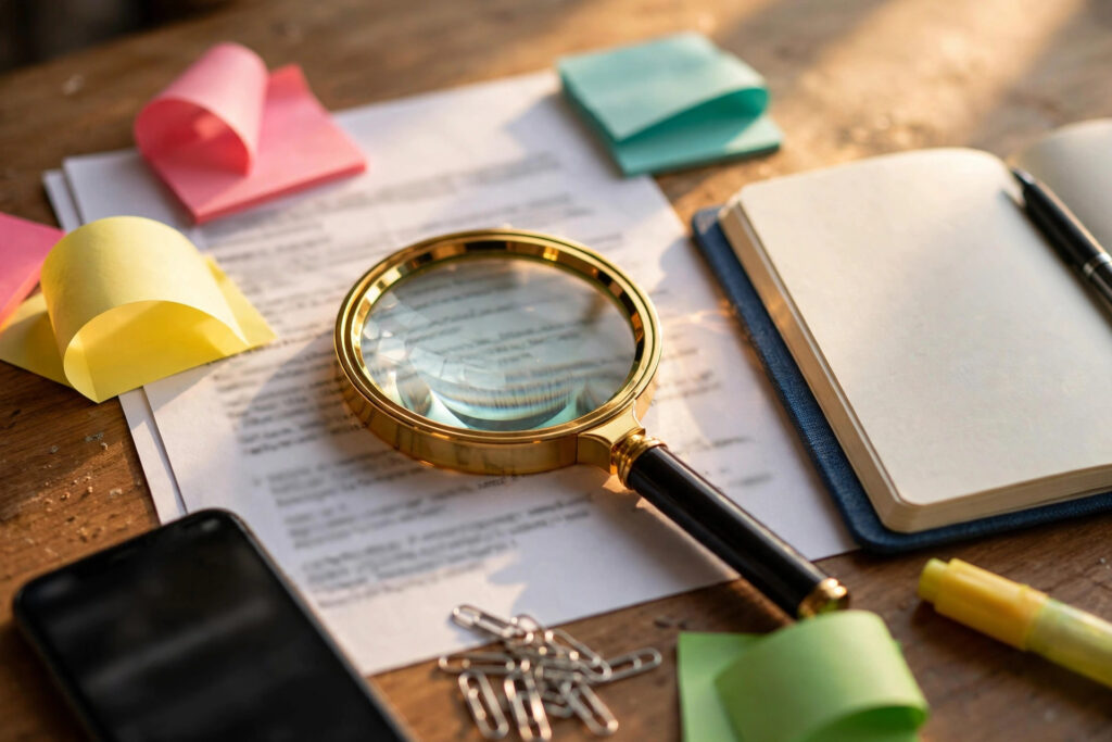 Magnifying glass over buyer review notes while validating a digital product idea