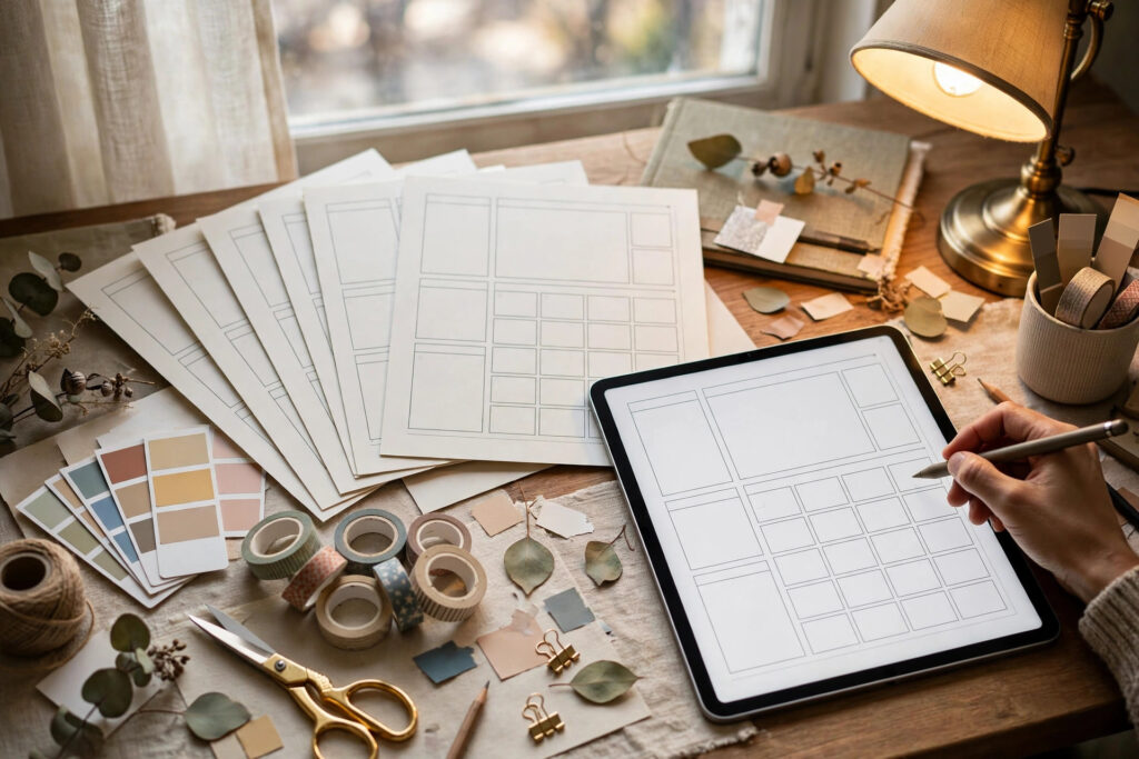 Designer sketching a 15-minute product mockup on a tablet to validate a digital product idea