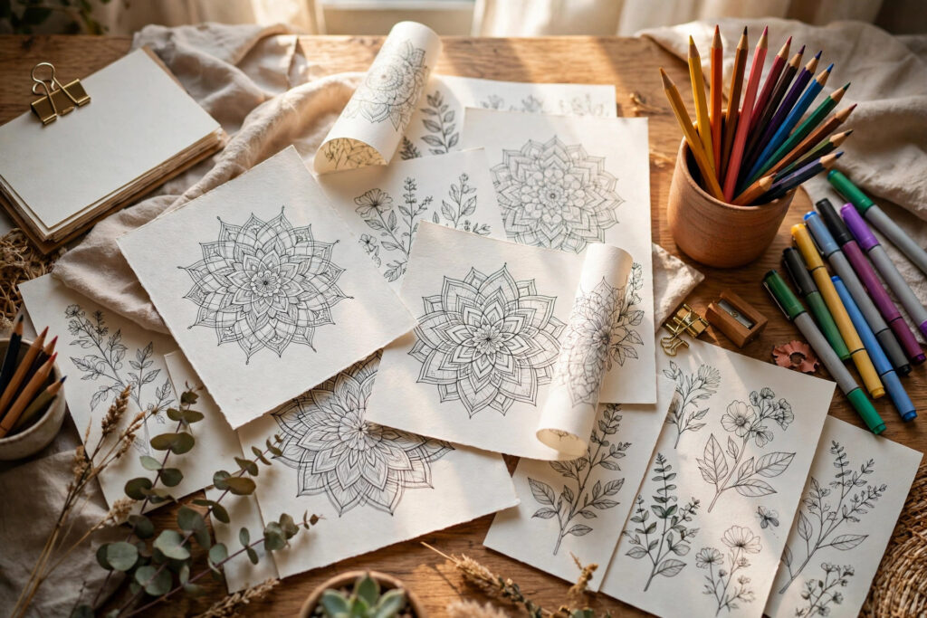 Designer workspace with digital colouring book pages and coloured pencils