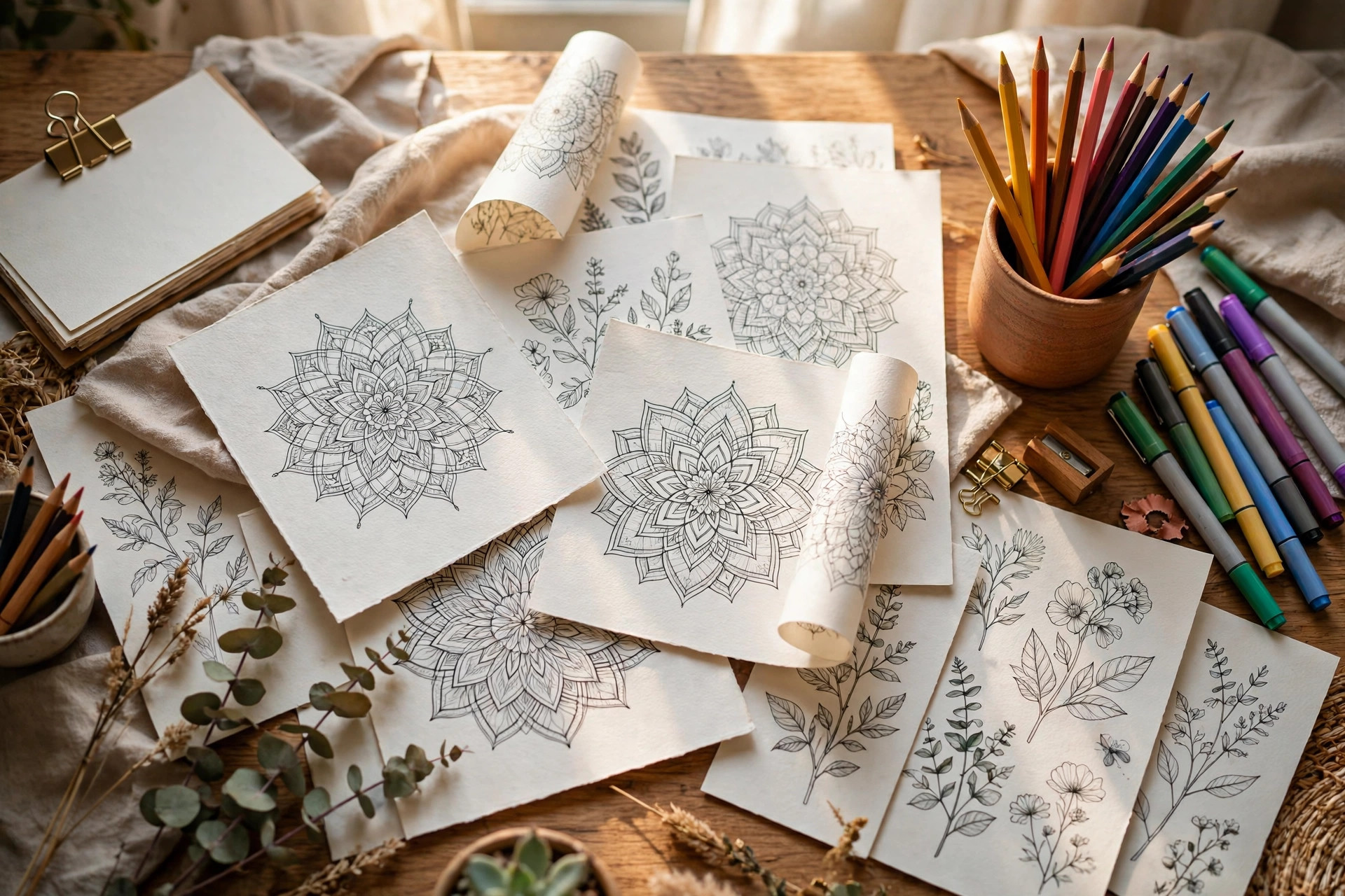 Designer workspace with digital colouring book pages and coloured pencils