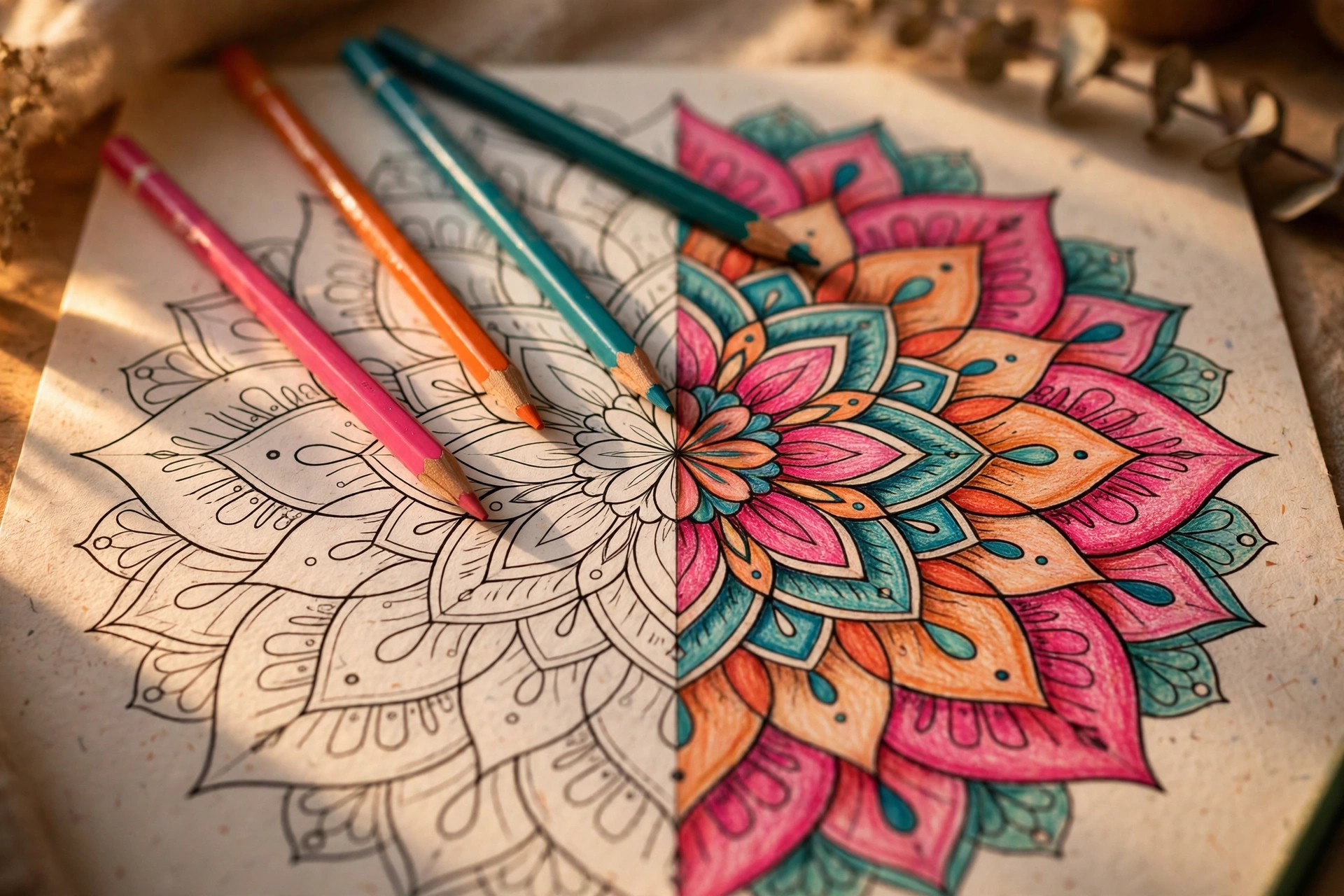 Half-coloured mandala colouring page showing consistent line art for digital colouring books