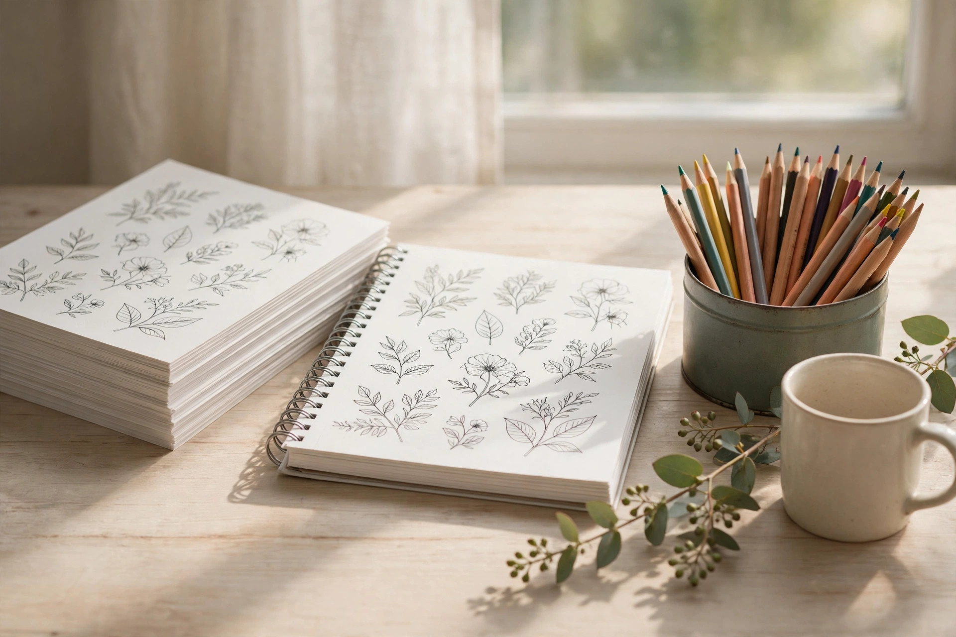Printed colouring book mockup on a styled desk — selling digital colouring books
