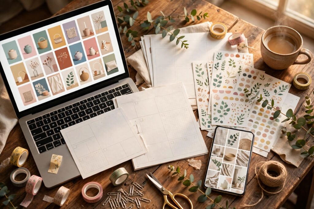 Designer workspace flat-lay with laptop showing Pinterest product pins grid and planner printables — Pinterest for digital products