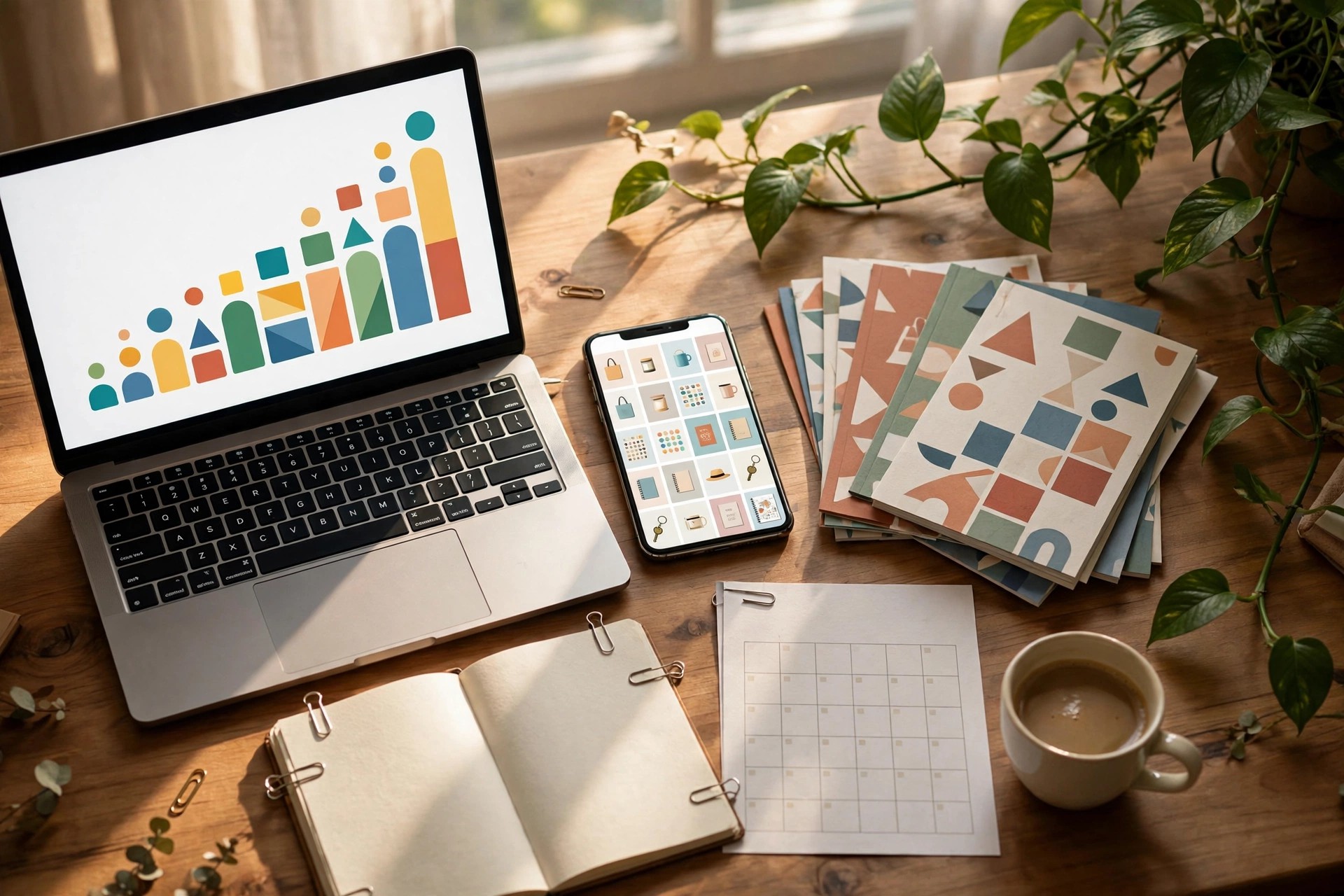 Digital seller desk with laptop showing traffic analytics chart — measuring Pinterest traffic for digital products