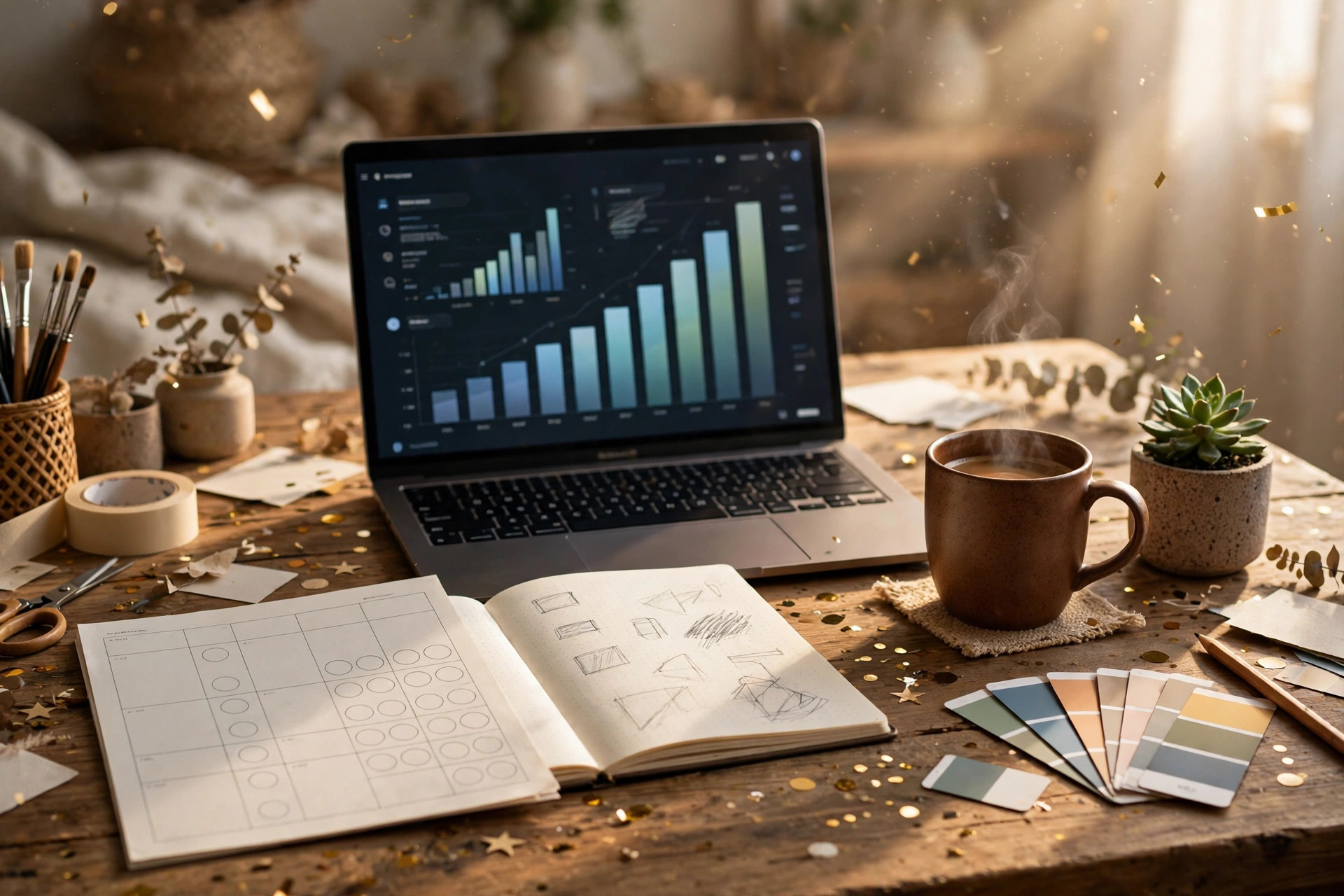 First 100 digital product sales milestone — designer workspace with rising sales charts, planner and warm lighting