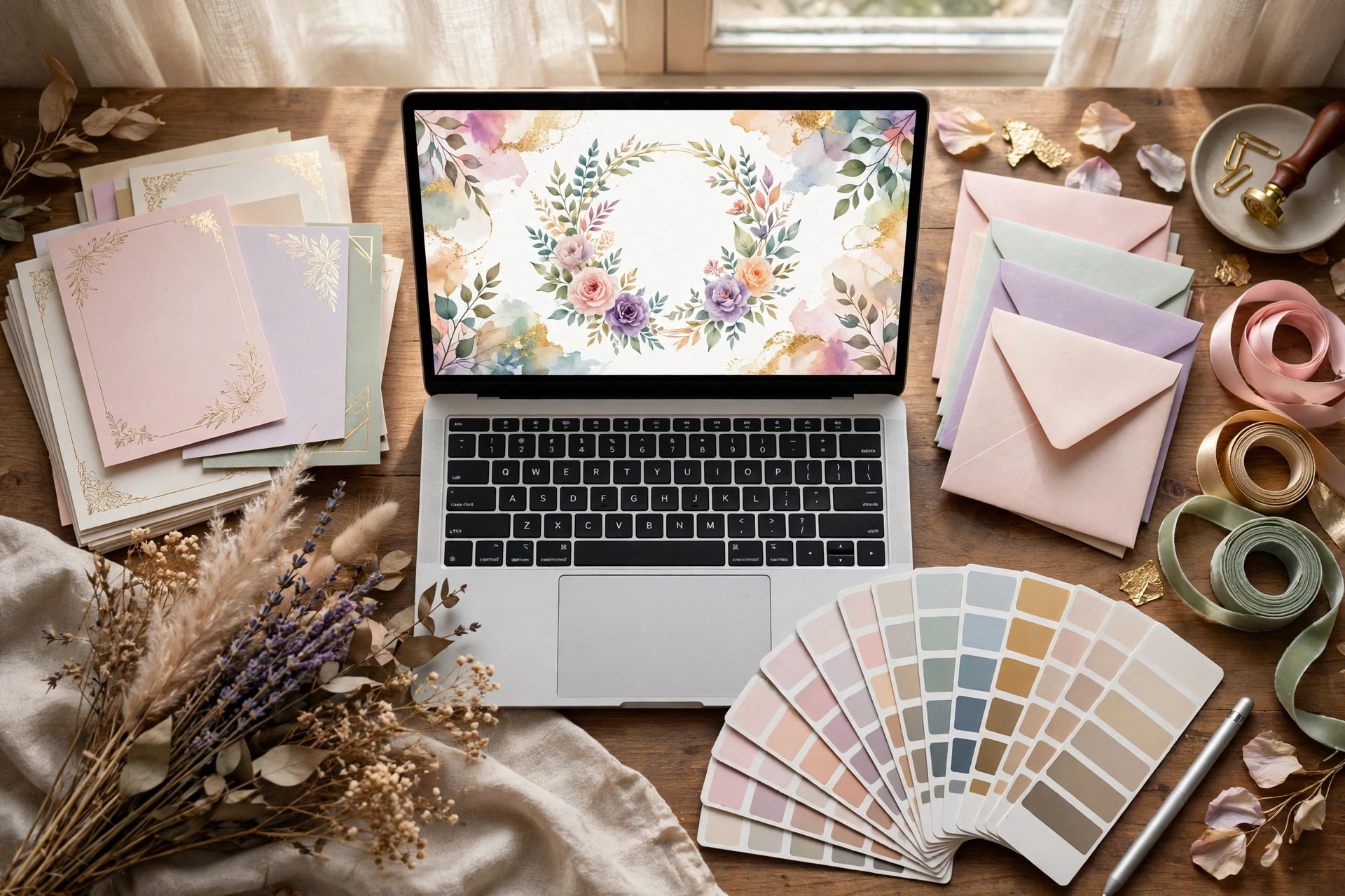 Elegant designer workspace for creating digital invitation templates