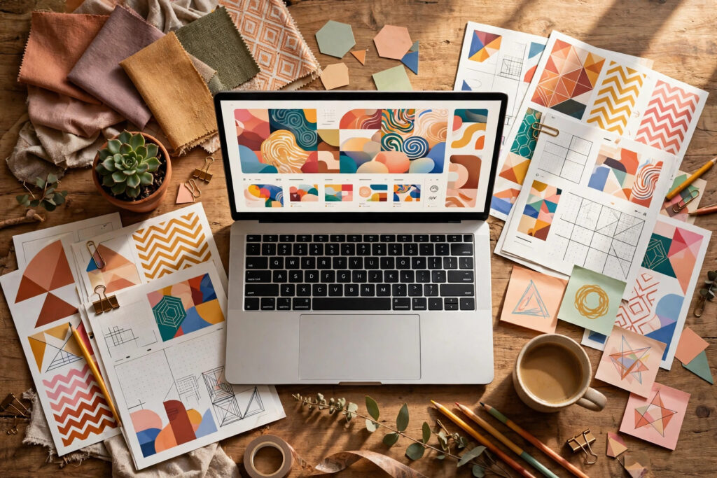 Flash sale digital products setup — styled designer workspace with laptop showing a colorful digital storefront