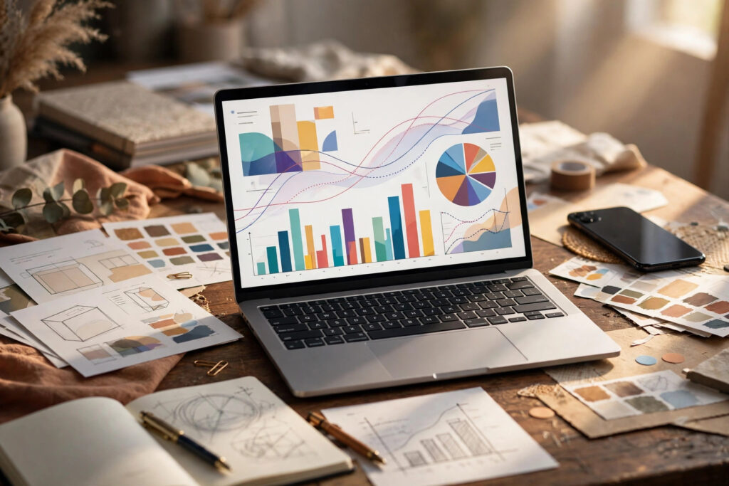Flash sale digital products dashboard — laptop showing sales analytics surrounded by planner mockup pages